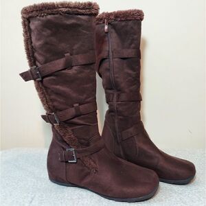 Faux Fur Suede High Side Buckle Boots